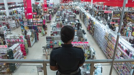 African security guard surveys a vast retail store filled with merchandise from an elevated viewpoint