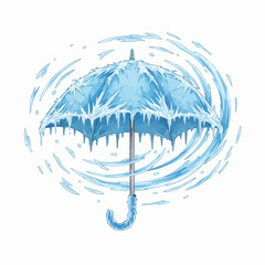 Illustration of a light blue umbrella covered in icicles with water swirls