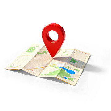 3D red location pin on a folded map representing travel, tourism, navigation, and destination finding