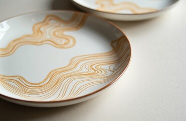 Elegant ceramic bowl with a swirling beige and brown marble pattern on a white background