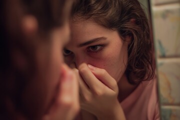 Contemplative young woman carefully examines her face in bathroom mirror, checking skin for imperfections and blemishes
