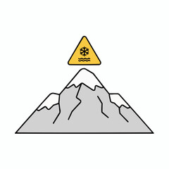 Illustration of a mountain with snow and a yellow warning sign above it
