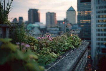 Fototapeta premium Rooftop garden planter with pink blooms, leafy plants overlooking city skyline at dusk with orange sunset glow sky