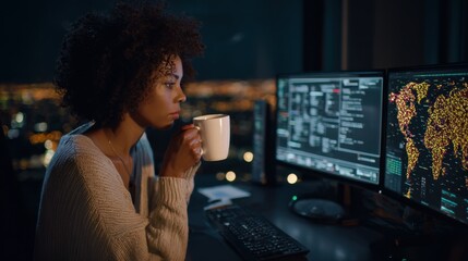 African woman working on computer screens with data displays at night