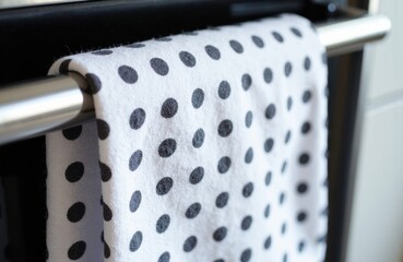 A white towel with black polka dots hanging on a metal rod