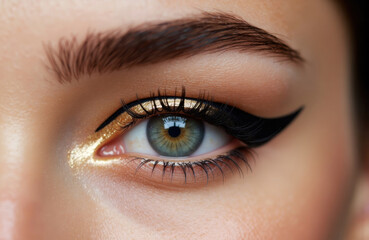 Obraz premium Close-up of a woman's eye with bold black eyeliner and shimmering gold eyeshadow creating a striking look