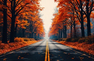 Golden autumn trees line a deserted road with fallen leaves creating a scenic fall landscape