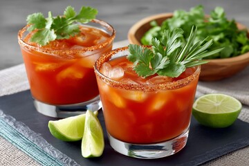 Close up of michelada glass with chili salt rim, garnished with fresh herbs and lime, showcasing vibrant colors and upscale presentation