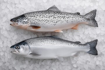 Close-up of fresh trout and sea bass on crushed ice, showcasing seafood freshness and quality in a vibrant display of marine life