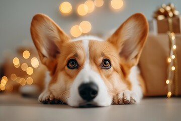 Corgi dog with large ears resting on a surface surrounded by festive decorations and soft bokeh lights, creating a warm and cozy holiday atmosphere
