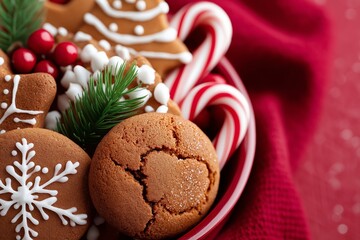 Assortment of gingerbread cookies and candy canes arranged beautifully on a red background, showcasing festive treats for holiday celebrations