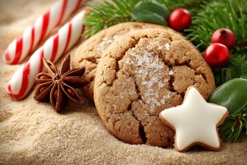 Gingerbread cookies with sugar crystals, star-shaped icing, and festive decorations, surrounded by candy canes and pine branches on a tropical beach, creating a cozy holiday atmosphere