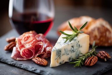 Elegant cheese and charcuterie arrangement with wine glass, featuring rich textures and vibrant colors for upscale dining experience