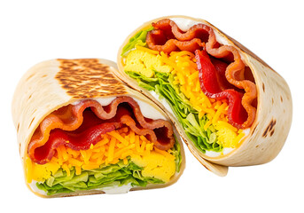 Delicious breakfast wrap isolated on transparent background, filled with bacon and veggies