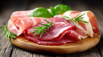 Assorted cured meats displayed on a wooden platter, garnished with fresh herbs, showcasing rich textures and colors, perfect for culinary presentations and gourmet dishes