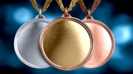Gold, silver, and bronze medals displayed on a deep blue background, showcasing their polished surfaces and intricate details, perfect for award themes
