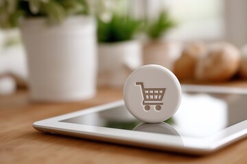 Digital tablet displaying a floating shopping cart icon, showcasing modern technology and e-commerce concepts in a stylish home setting