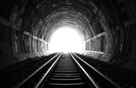 A train tunnel with railway tracks leading towards a bright light at the end