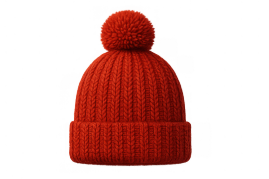 Red knitted beanie hat with pom pom, warm winter headwear accessory protecting from cold weather - Powered by Adobe