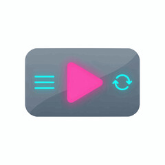 Gray rounded rectangle with pink play button and turquoise menu and refresh icon