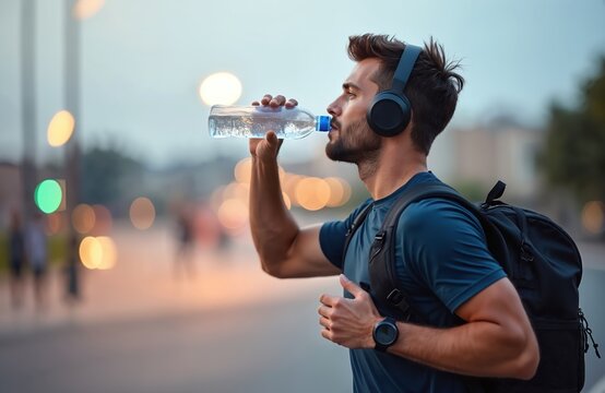 Young fit man drinks water after outdoor workout. Wears headphones, smartwatch, backpack. Athlete rehydrates in urban setting at sunset, staying hydrated during city exercise break, focusing on