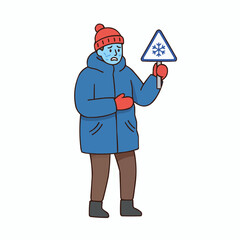 A man in winter clothes holding a snowflake warning sign looking very cold
