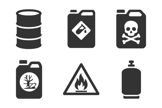 Hazardous material icons: chemical, flammable, toxic, environmental, warning symbols.