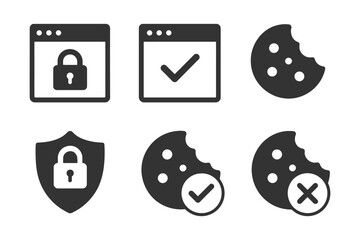 Privacy and security icons: lock, checkmark, cookie, shield symbols.