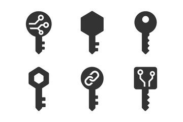 Set of six black digital and traditional key icons on white background.
