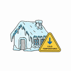 Cartoon house covered in snow with cold temperatures warning sign nearby