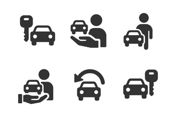 Car rental and sales icons: vehicle, key, and person symbols collection.