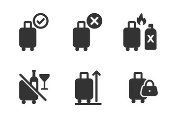 Airport security icon set: luggage, restrictions, guidelines.