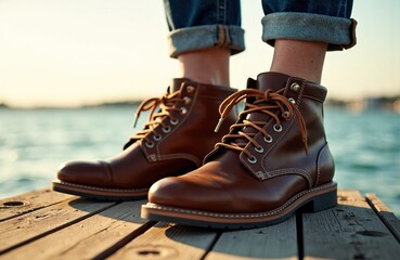 Close-up of stylish brown leather boots worn by a person standing on a wooden dock near water