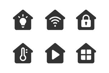 Smart home technology icons: light, wi-fi, security, temperature, media, windows.