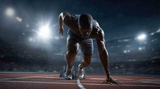 African athlete in starting blocks on a stadium track under dramatic stadium lights ready for a race