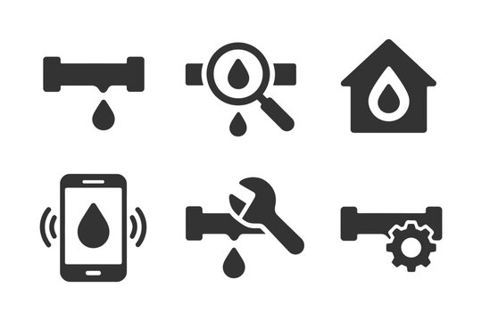 Water leak detection and plumbing repair icons set.