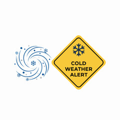 Weather alert sign with snowflake and swirling snow graphic illustration