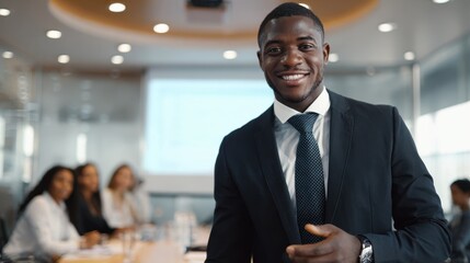 Smiling African businessman confidently leading a corporate meeting in a modern office setting