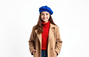 Young girl smiles wearing blue beret red turtleneck and tan coat. Teenager poses in autumn fashion style with hands in pockets on white background. Fashionable teen outfit.