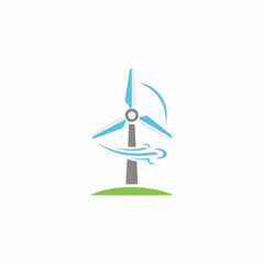 Illustration of a wind turbine with blades and wind on a green hill area