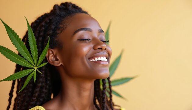Smiling African American woman with cannabis leaves in braided hair. Enjoys outdoors with peaceful expression. Positive mood, natural beauty evident. Image reflects joy, relaxation.