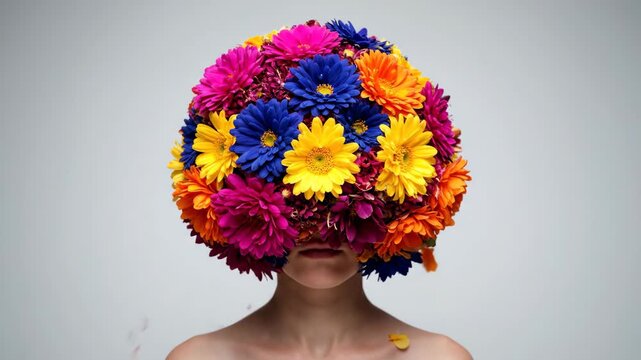 Woman with exploding bouquet of colorful flowers on head growing into round hairstyle, creative hairstyle animation with petals falling.