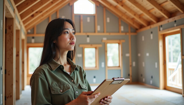 Interior construction site with Asian woman holding clipboard looking at house frame. Interior construction inspection to verify compliance with building codes, ensure structural integrity,