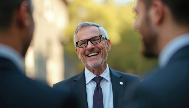 Mature businessman shares joyful moment with colleagues outdoors. Smiles confidently engaged in friendly conversation. Scene conveys success, positive team dynamics within corporate environment.