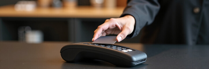 Contactless payment using card on pos terminal, person holding credit card above modern machine for payment.