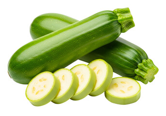 Fresh zucchini and zucchini slices isolated on transparent background, close up