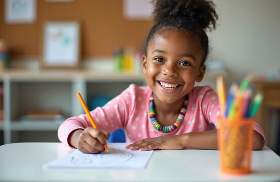 Happy girl draws with pencils at table in school classroom. Smiling schoolkid in pink shirt creating art. Cute child has fun during study. Little student happy about school lessons.