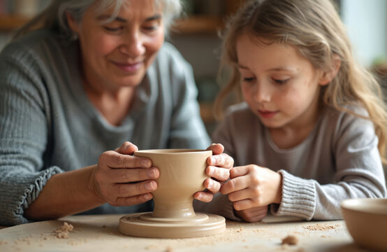 Smiling senior woman guides young girl making clay cup. Grandparent, grandchild bond. Learn pottery craft together. Kid molds ceramic at workshop, enjoying creative hobby. Two generations create art