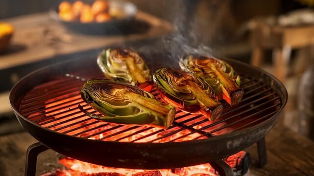 Alcachofa grilled artichokes cooking on barbecue with smoke and flavor