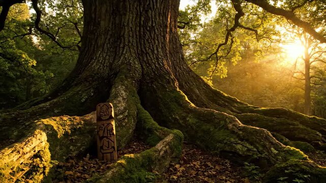 Ancient tree with prominent roots and a carved wooden totem illuminated by golden sunlight in a mystical forest, nature footage.